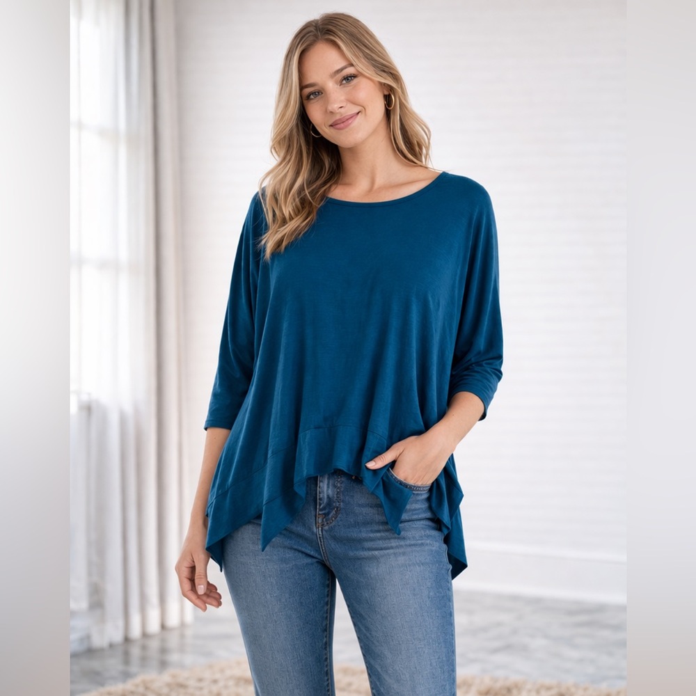 Eileen Fisher Teal Jersey Cropped Handkerchief Hem Tiered 3/4 Sleeve Top | S